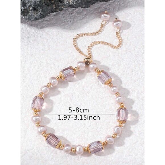 Pearl & Blue Beaded Tassel Bracelet Vtg Style Adjustable Gold Fashion Crystal - Picture 2 of 3